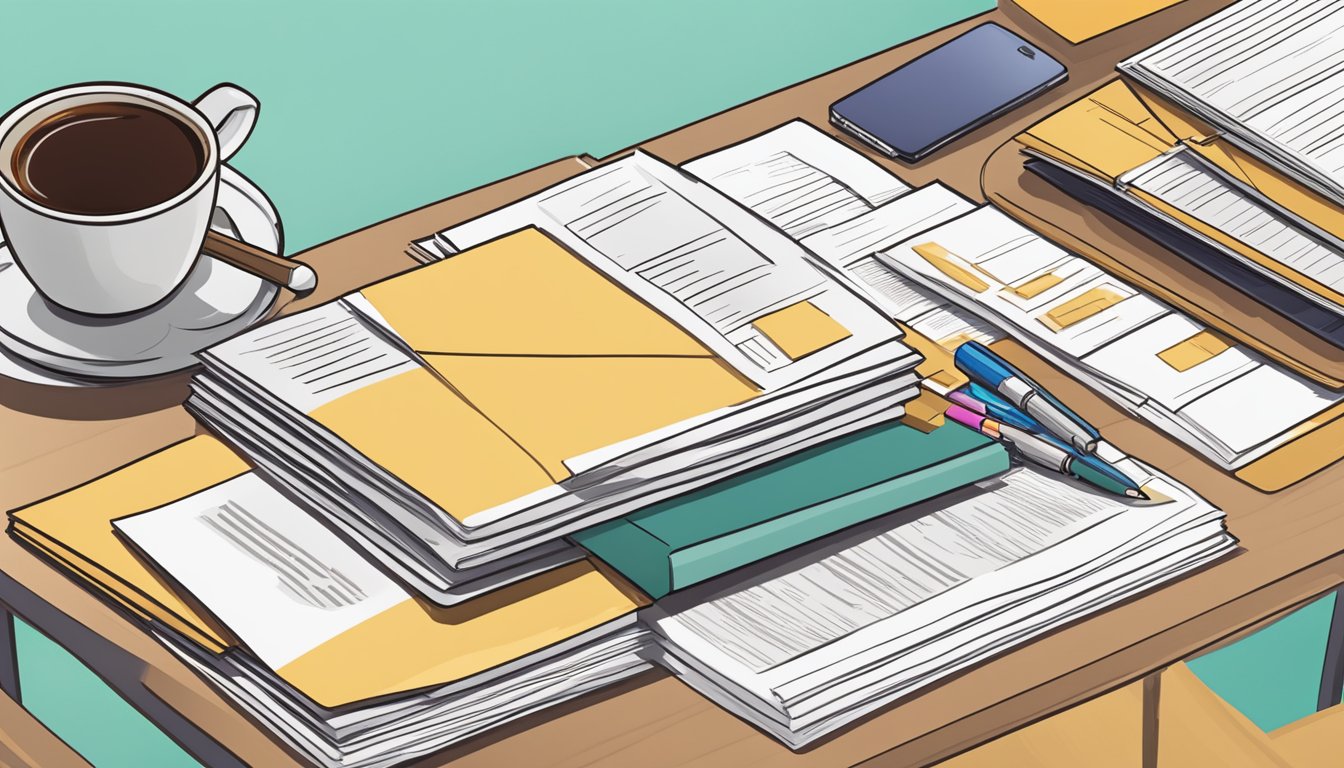 A coffee table desk with neatly arranged FAQ pamphlets and a stack of papers, a pen, and a laptop on top