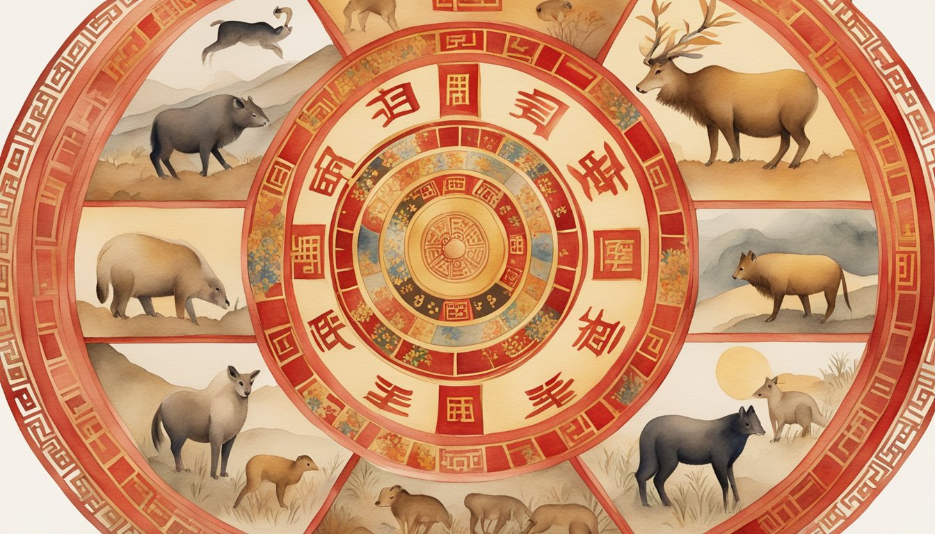 The twelve Chinese zodiac animals encircle a traditional red and gold wheel, each representing a different year in the lunar calendar