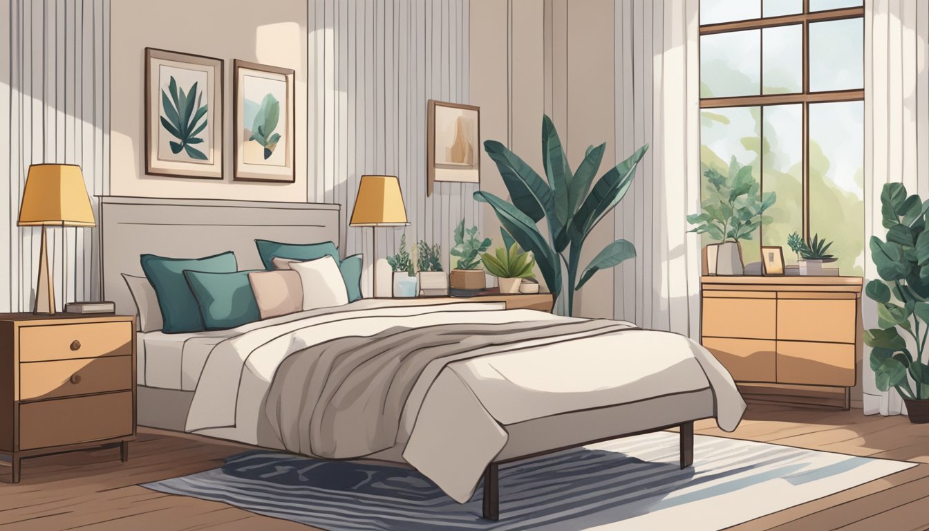 A cozy bedroom with a bed, nightstand, lamp, curtains, rug, and decorative pillows. A bookshelf, plants, and artwork add personal touches