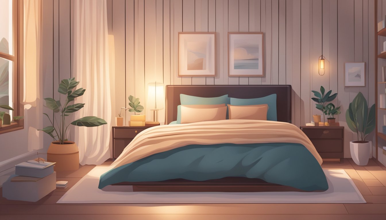 A cozy bedroom with soft, fluffy pillows, warm blankets, and a soothing color scheme. A bedside table holds a fragrant candle and a good book