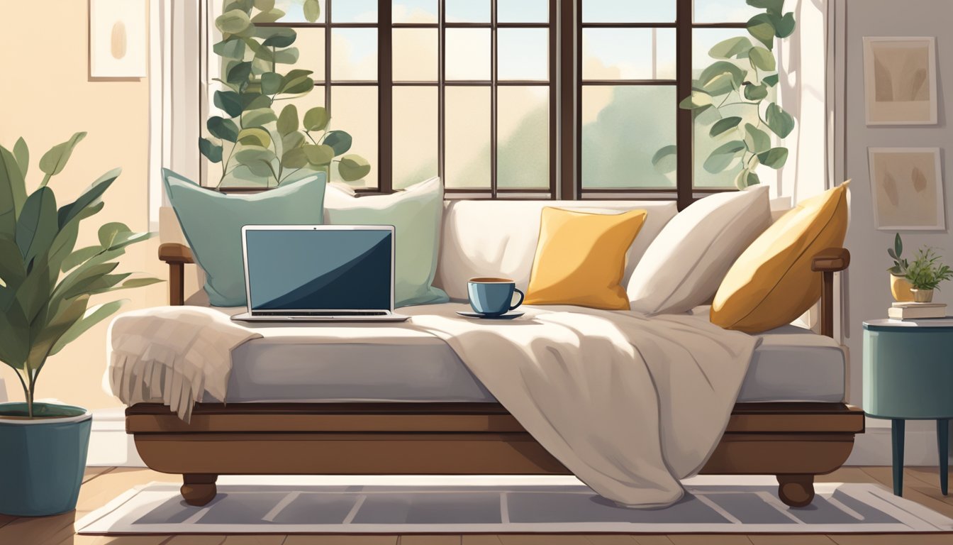 A cozy daybed sits in a sunlit room, adorned with soft pillows and a throw blanket. A laptop and a cup of tea are placed on the side table