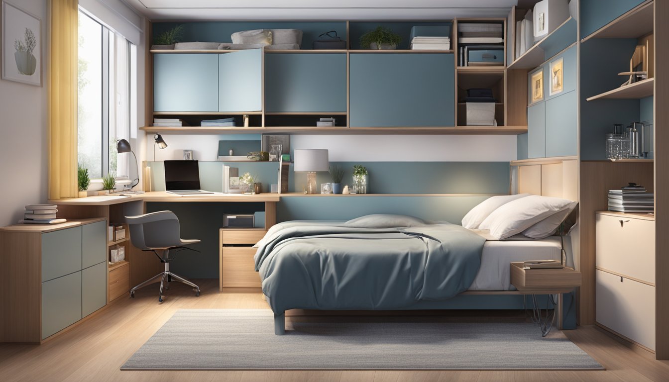 A bed with under storage, a multi-functional desk, a space-saving wardrobe, and adjustable lighting