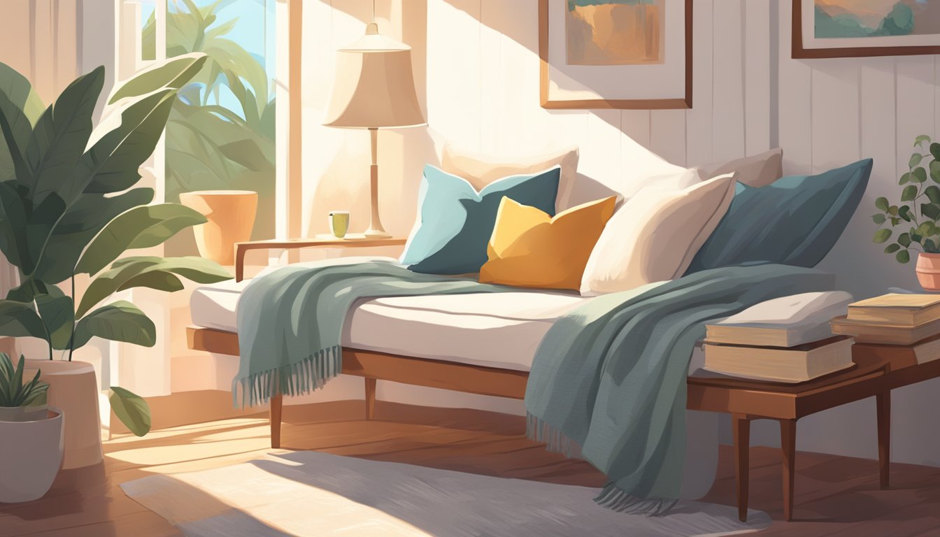 A cozy daybed sits in a sunlit room, adorned with soft pillows and a throw blanket. A book and a cup of tea rest on a nearby side table, inviting relaxation