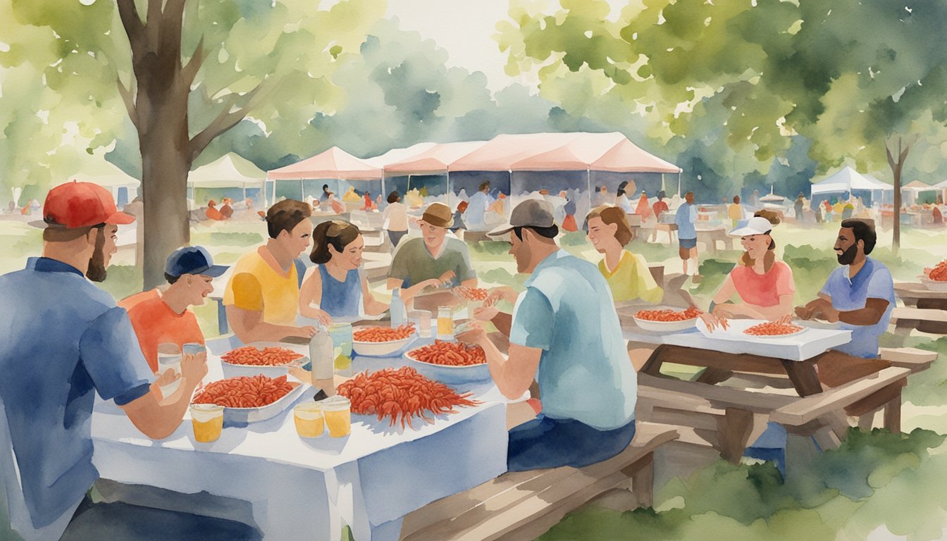 People at a picnic table, surrounded by piles of crawfish, enjoying the lively atmosphere of crawfish season