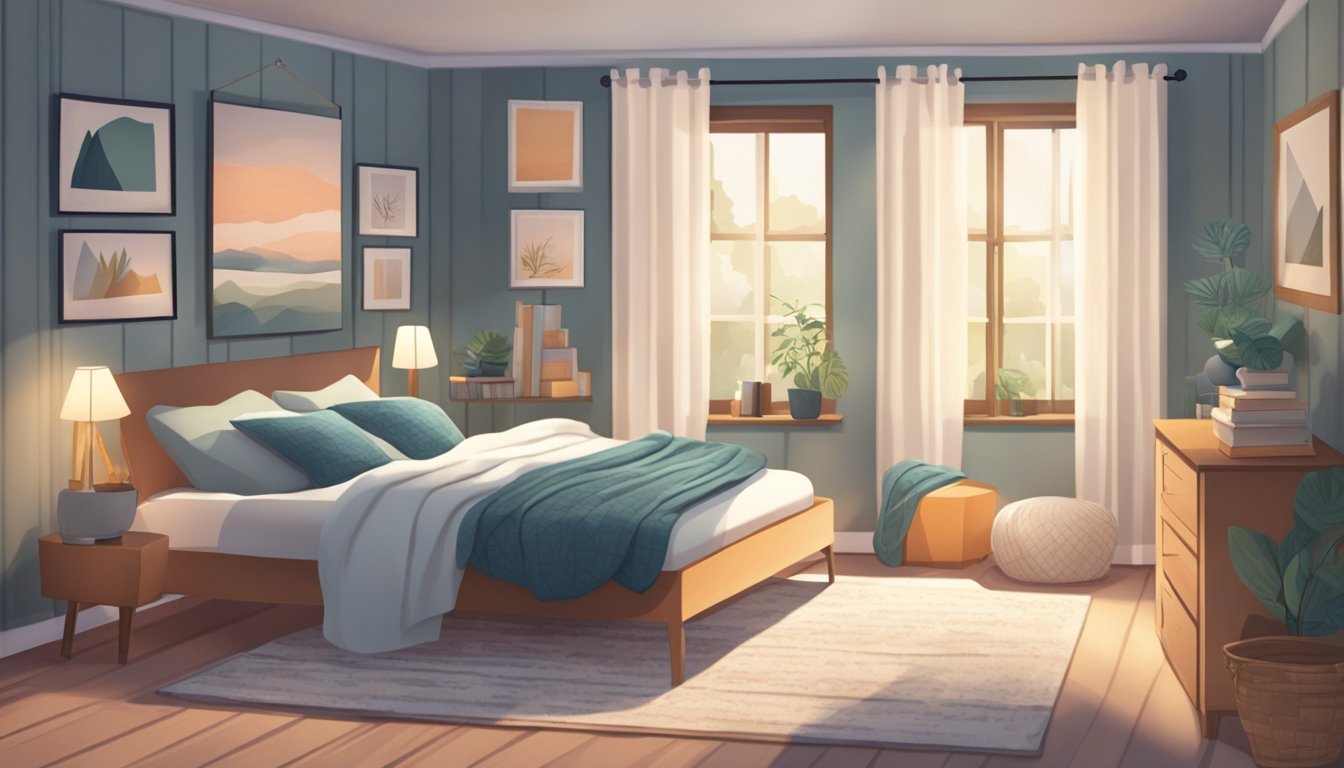 A cozy bedroom with a bed, nightstand, lamp, curtains, and decorative pillows. A bookshelf and a cozy rug complete the space