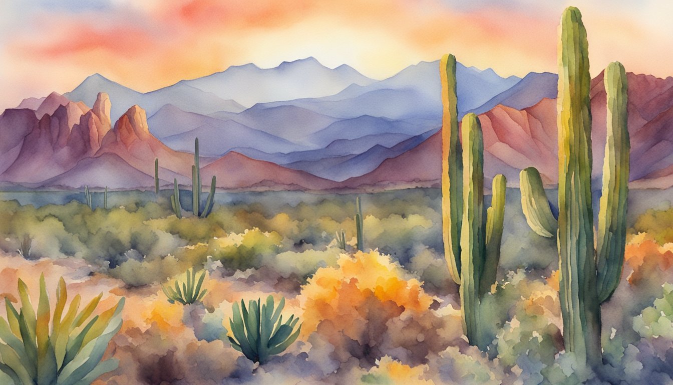 A desert landscape with saguaro cacti, red rock formations, and a blazing sun setting behind the mountains