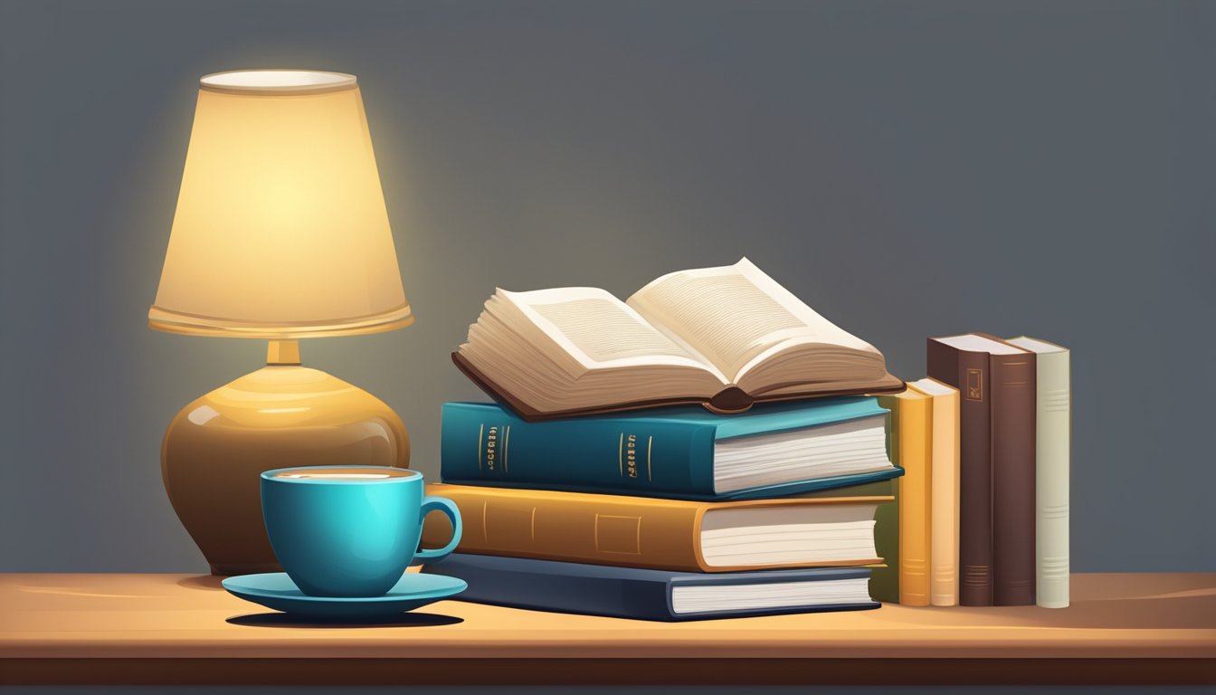 A small reading table with a stack of books, a reading lamp, and a cup of coffee