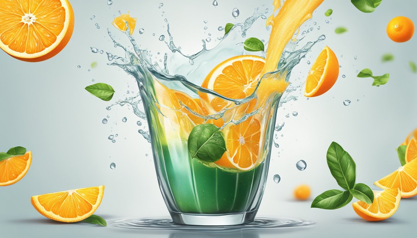 A hand juicing a vibrant orange into a clear glass, with droplets of citrus juice splashing out in all directions