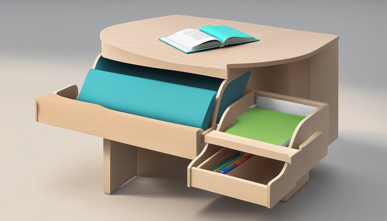 A small reading table with a sleek, modern design. It features a built-in book stand and a pull-out drawer for storage