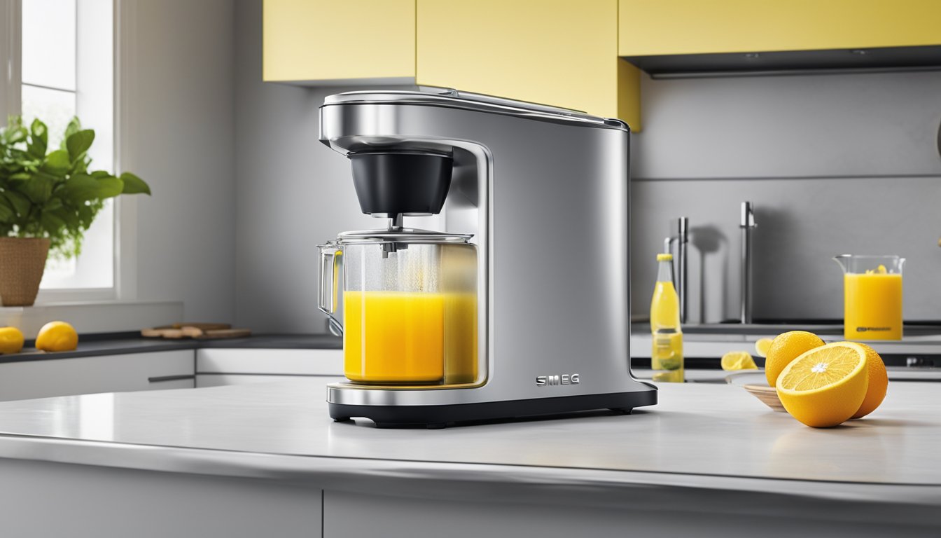 The Smeg Citrus Juicer sits on a clean, modern kitchen countertop, gleaming under the bright overhead light. A vibrant yellow lemon and a juicy orange are positioned nearby, ready to be sliced and juiced