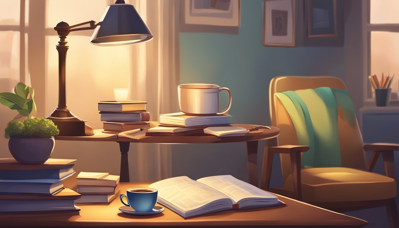 A small reading table with a stack of books, a cup of coffee, and a notepad with a pen. A cozy chair is pulled up to the table, with a warm lamp overhead