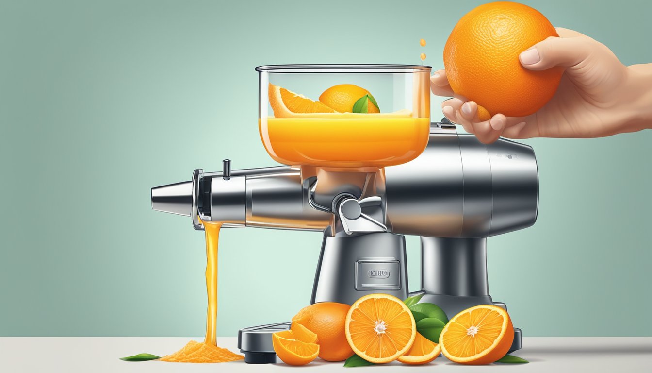 A hand squeezes a vibrant orange into a retro-style Smeg citrus juicer, with juice flowing into a glass below