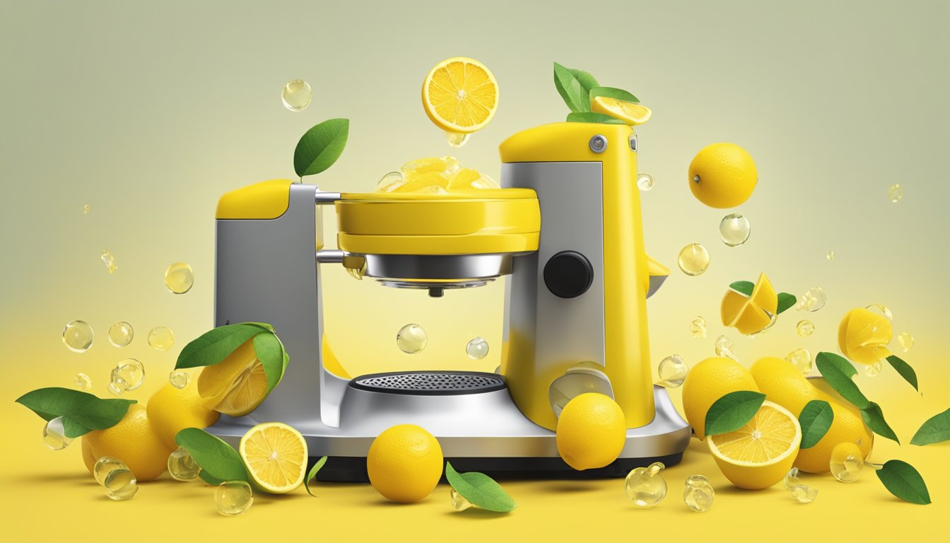 A bright yellow citrus juicer surrounded by floating question marks