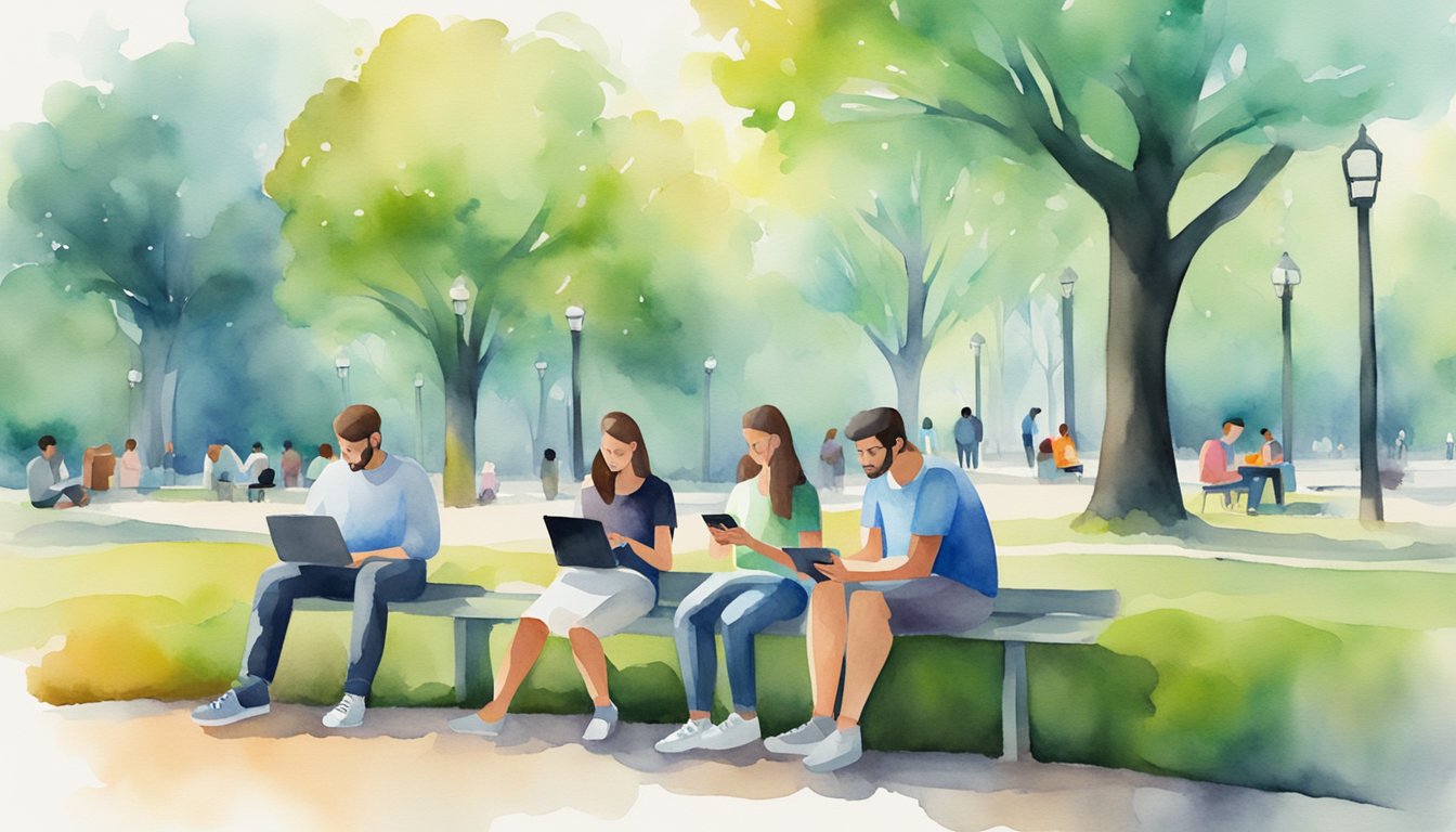 People sitting in a park, using their devices, with free wifi symbol in the background