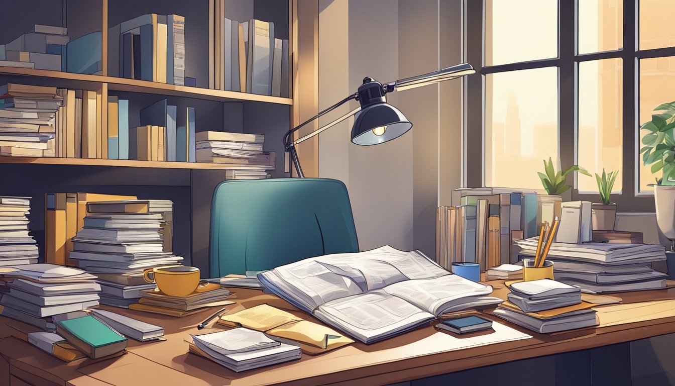 A cluttered cheap study desk with scattered papers and books. A dim desk lamp illuminates the disorganized workspace