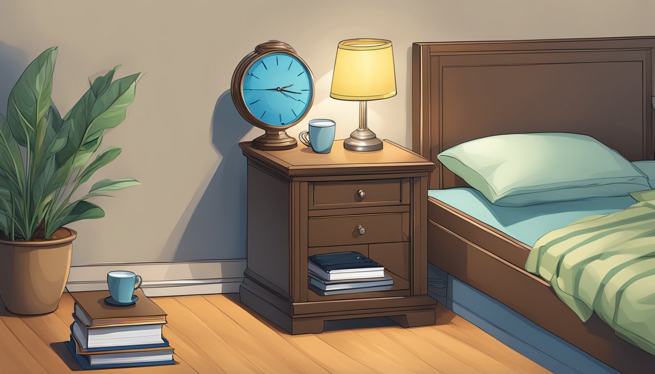 A nightstand, 24 inches high, 18 inches wide, and 16 inches deep, sits beside a bed. A lamp, clock, and book rest on its surface