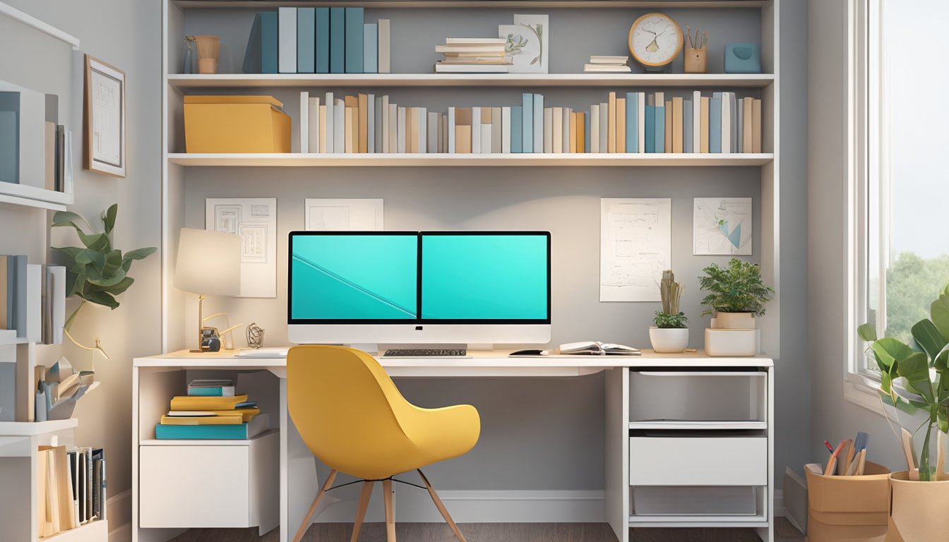 A clutter-free study desk with a sleek design, a comfortable chair, and ample storage space, set against a well-lit and organized study area
