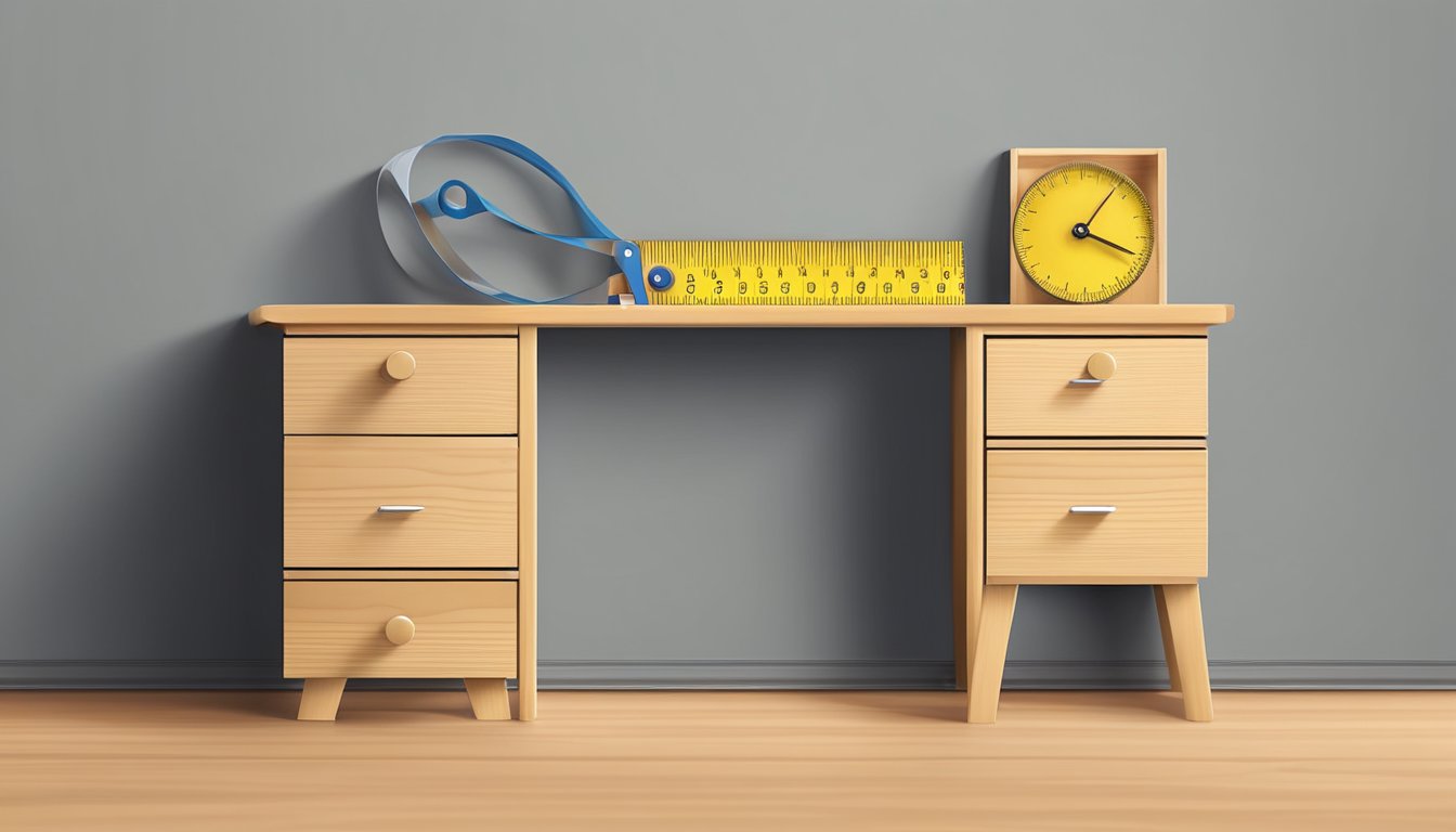 A ruler and tape measure lay on a wooden nightstand. The dimensions of the nightstand are being measured