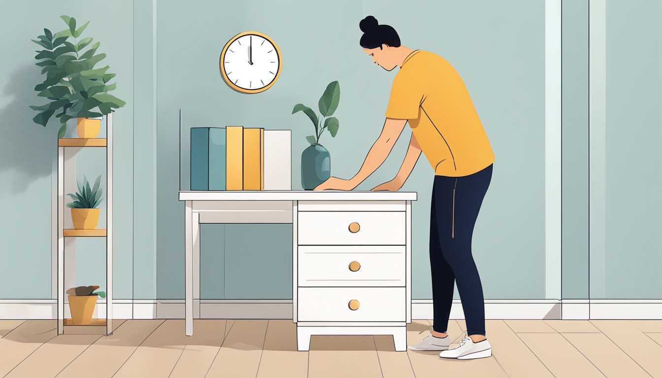 A person measures a nightstand, comparing dimensions to space available