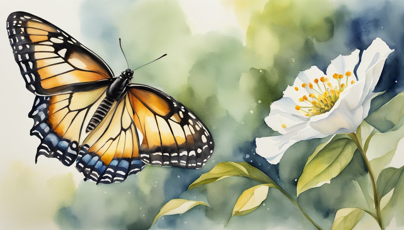 A butterfly emerges from a chrysalis, flutters its wings, and takes flight, its delicate beauty contrasting with the fleeting nature of its existence