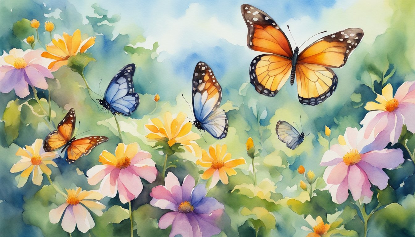 Butterflies fluttering among vibrant flowers, basking in the warm sunlight, with a backdrop of lush greenery and clear blue skies