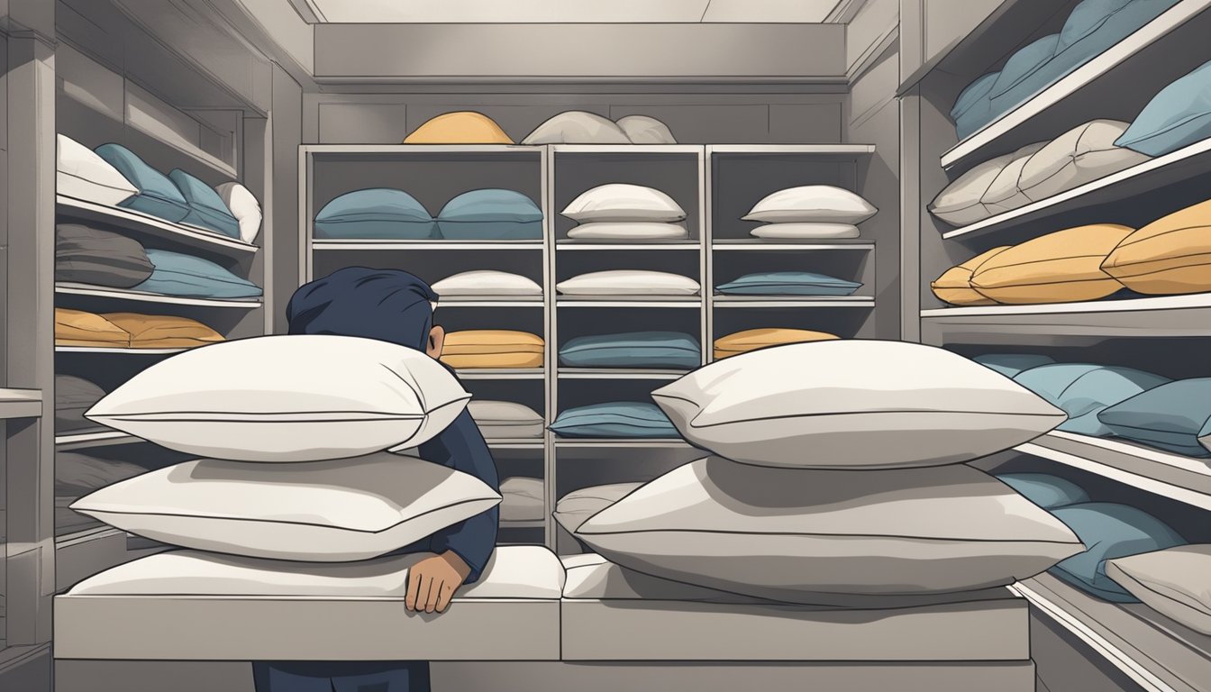 A person comparing different pillows in a store, feeling the texture, and testing the level of support by pressing down with both hands