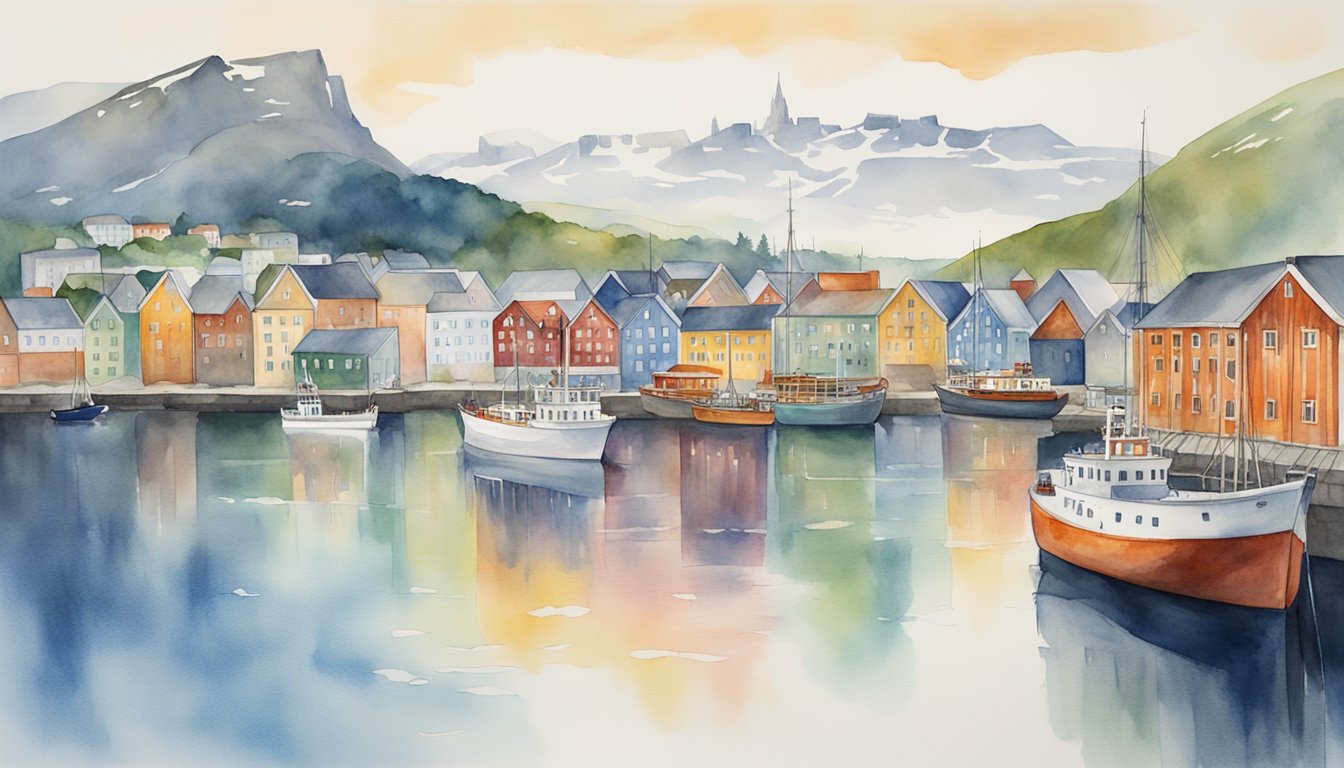 Colorful traditional Norwegian buildings line a fjord, with fishing boats and cargo ships in the harbor.</p><p>A parliament building and modern city skyline stand in the background