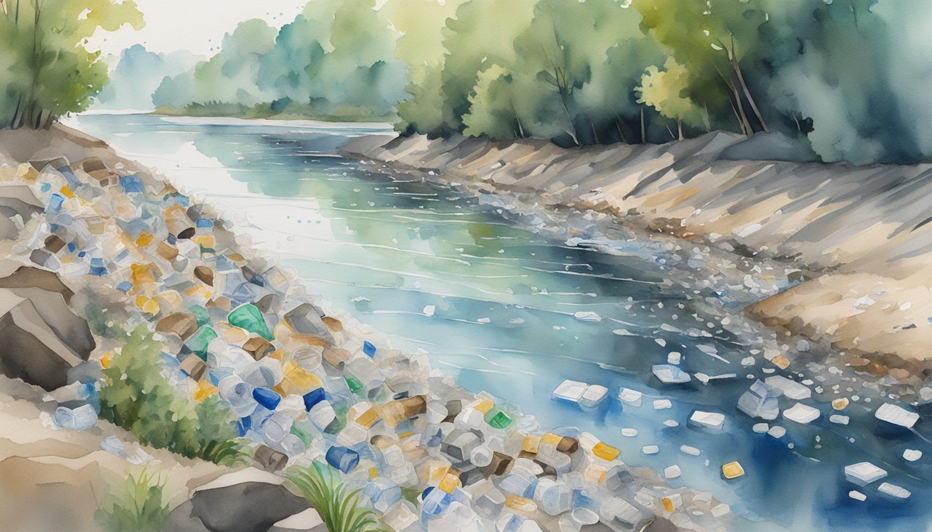 A riverbank littered with plastic waste, surrounded by signs of industrial pollution.</p><p>A net catches microplastics, while a barrier prevents further contamination