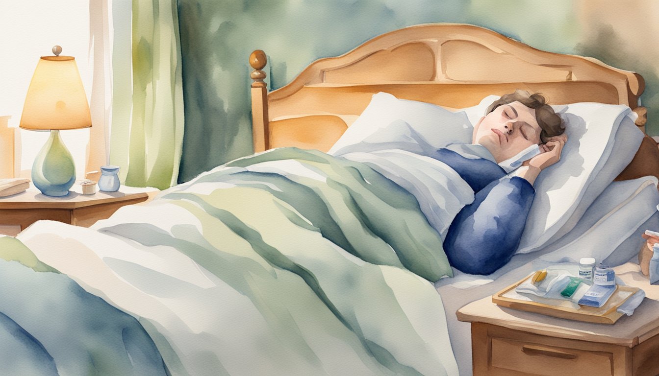 A person lying in bed with a grimace, clutching at their skin.</p><p>A thermometer and tissues nearby.</p><p>Comfort items like a warm blanket and soothing lotion on the bedside table