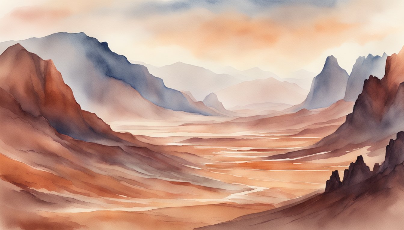 Barren red landscape with towering mountains and deep canyons.</p><p>Thin atmosphere and dusty surface.</p><p>No signs of life