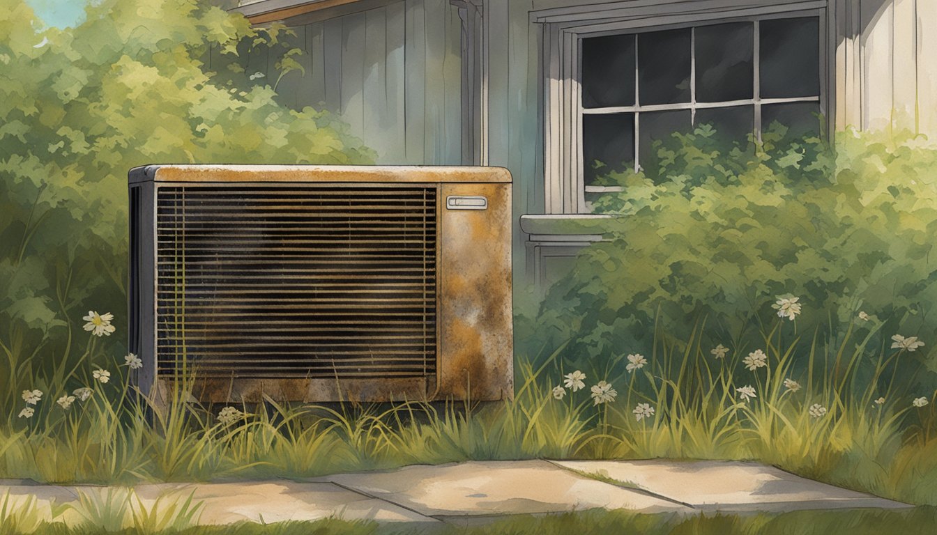 An old, rusted air conditioner sits outside a house, surrounded by overgrown grass and weeds. Its paint is peeling, and it looks weathered and worn