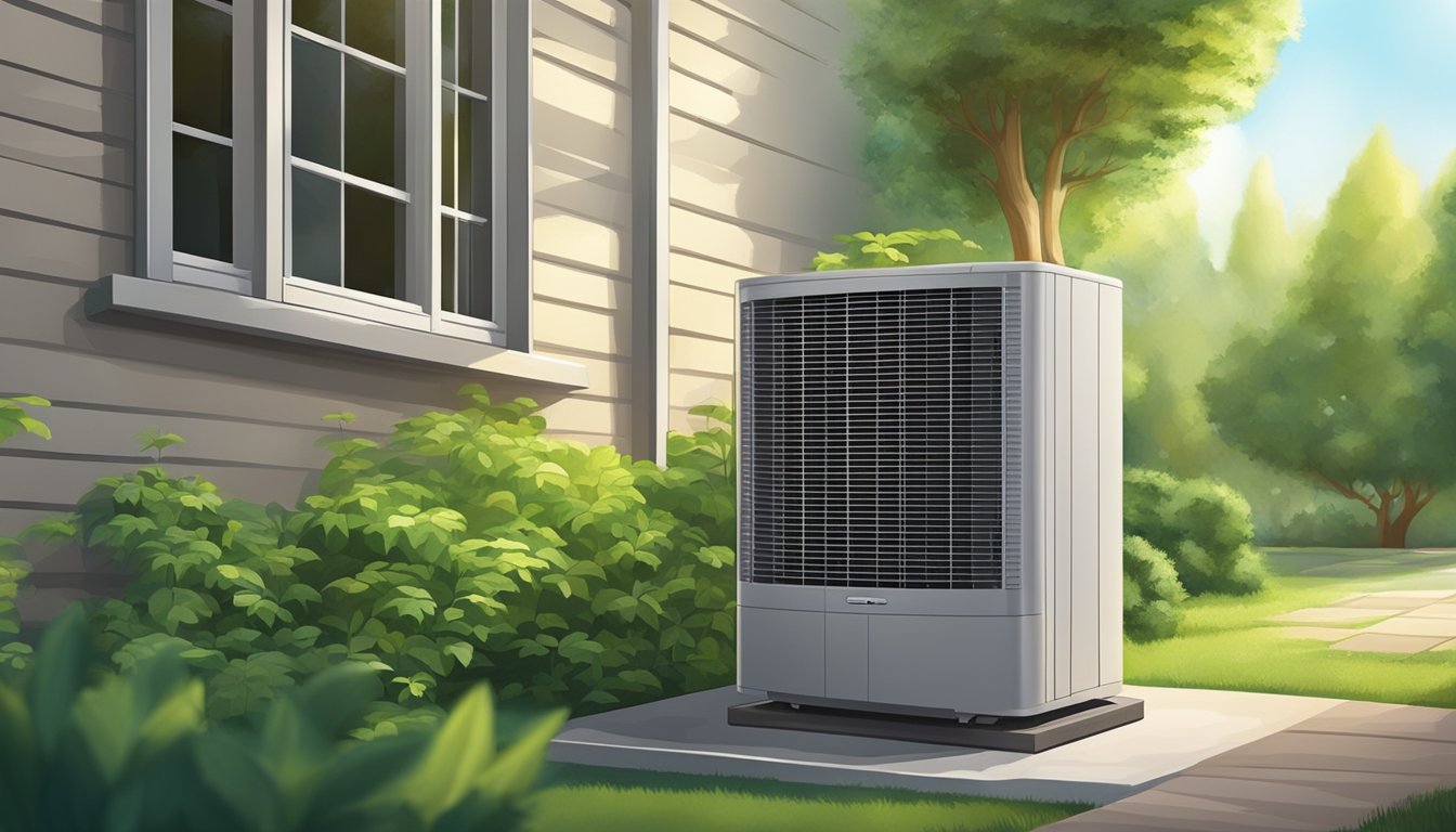 An air conditioner sits on a concrete pad outside a house, surrounded by green bushes and trees. The sun shines down on the unit, and a gentle breeze blows through the leaves