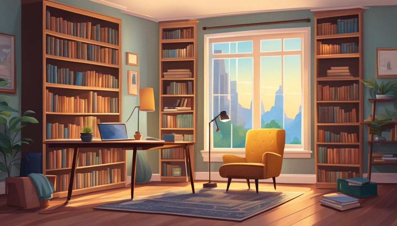A cozy study room with a large window, a comfortable chair, a bookshelf filled with books, a desk with a lamp, and a rug on the floor