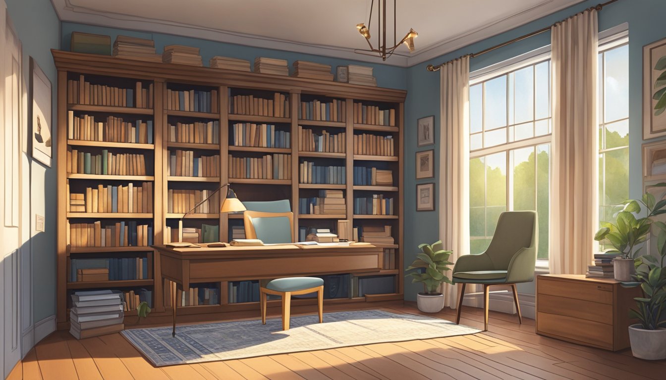 A cozy study room with a desk, bookshelves, and a comfortable chair by a window with natural light. A rug and some artwork on the walls add warmth to the space