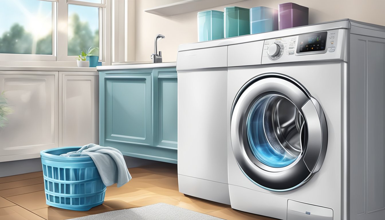 The washing machine stands gleaming, free of any dirt or grime, its surface reflecting the light as if freshly polished