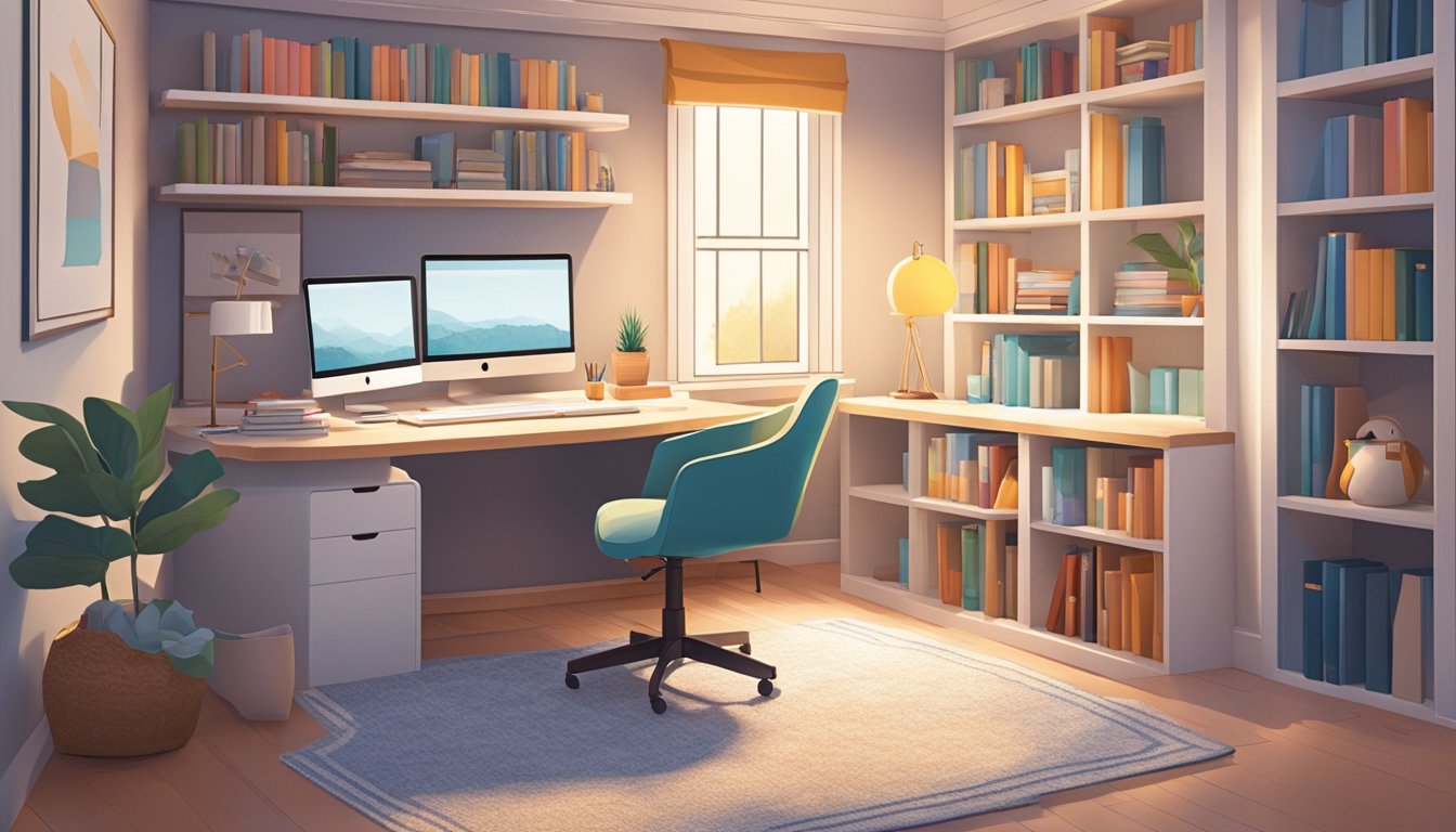 A cozy study area with a desk, bookshelves, and a comfortable chair. Soft lighting and a pop of color create a welcoming and personalized space for focused learning and productivity