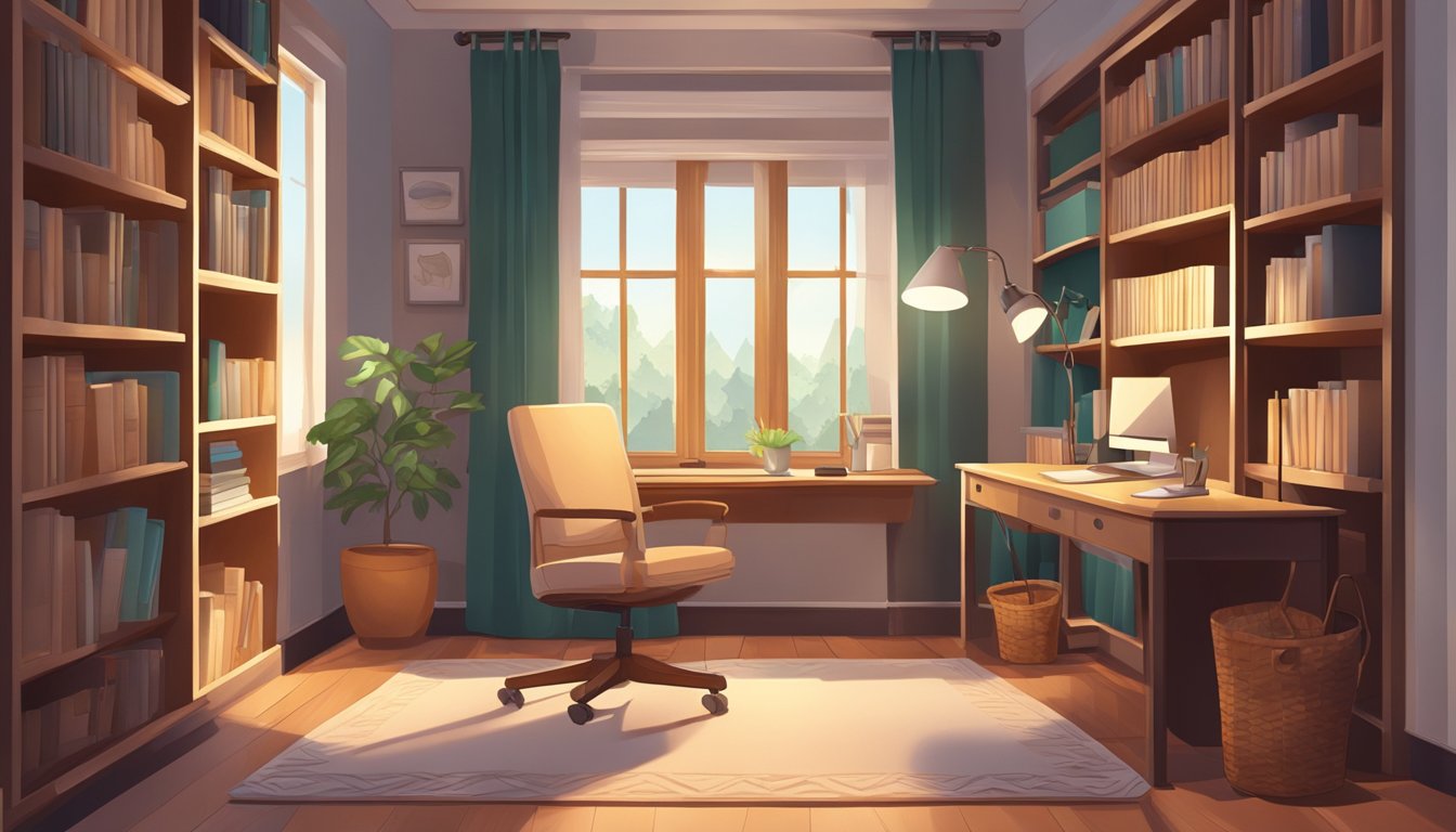 A cozy study room with bookshelves, a desk, and a comfortable chair. Soft lighting and a rug add warmth to the space