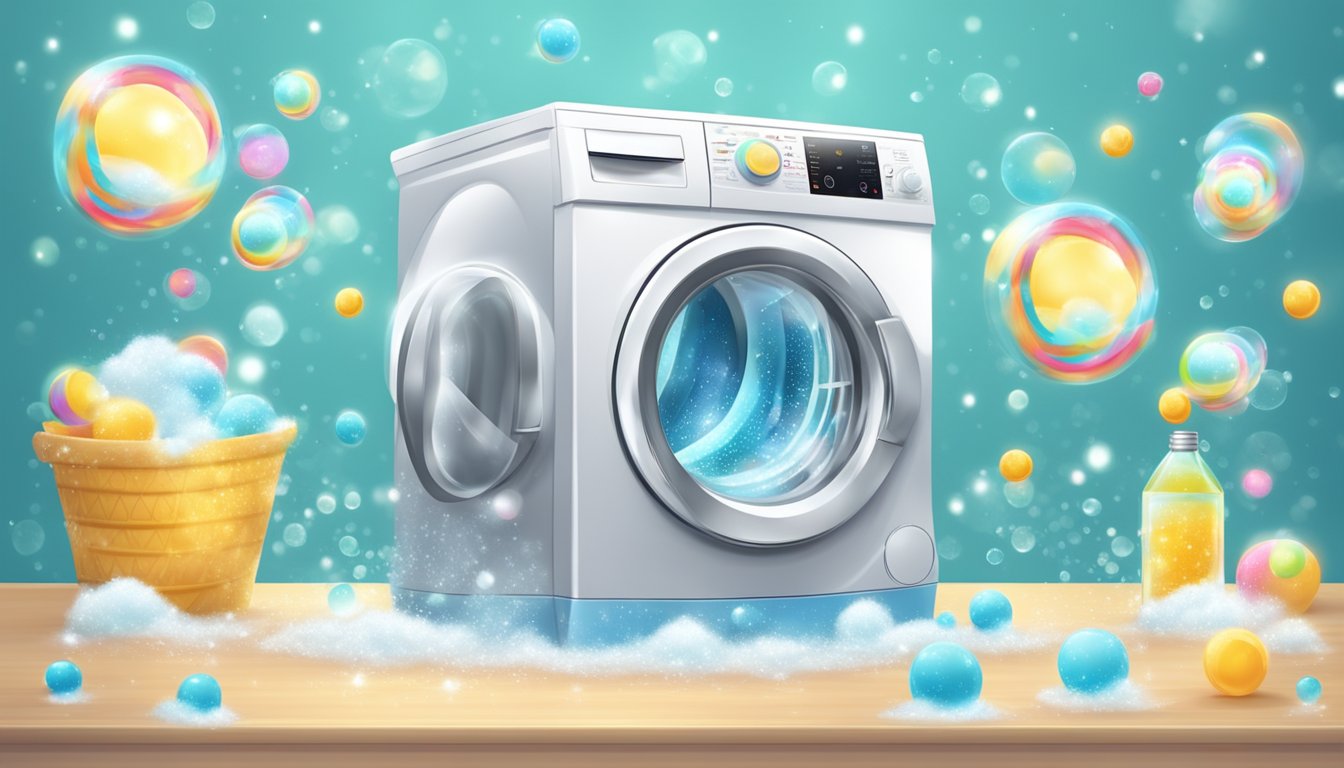 A sparkling washing machine surrounded by bubbles and a fresh scent