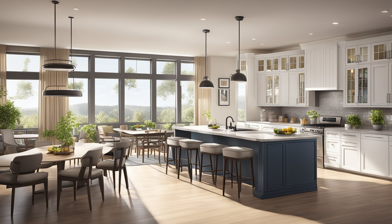 A spacious open kitchen with modern appliances, a large island, and a cozy dining area. Sunlight streams in through the windows, highlighting the sleek countertops and stylish decor