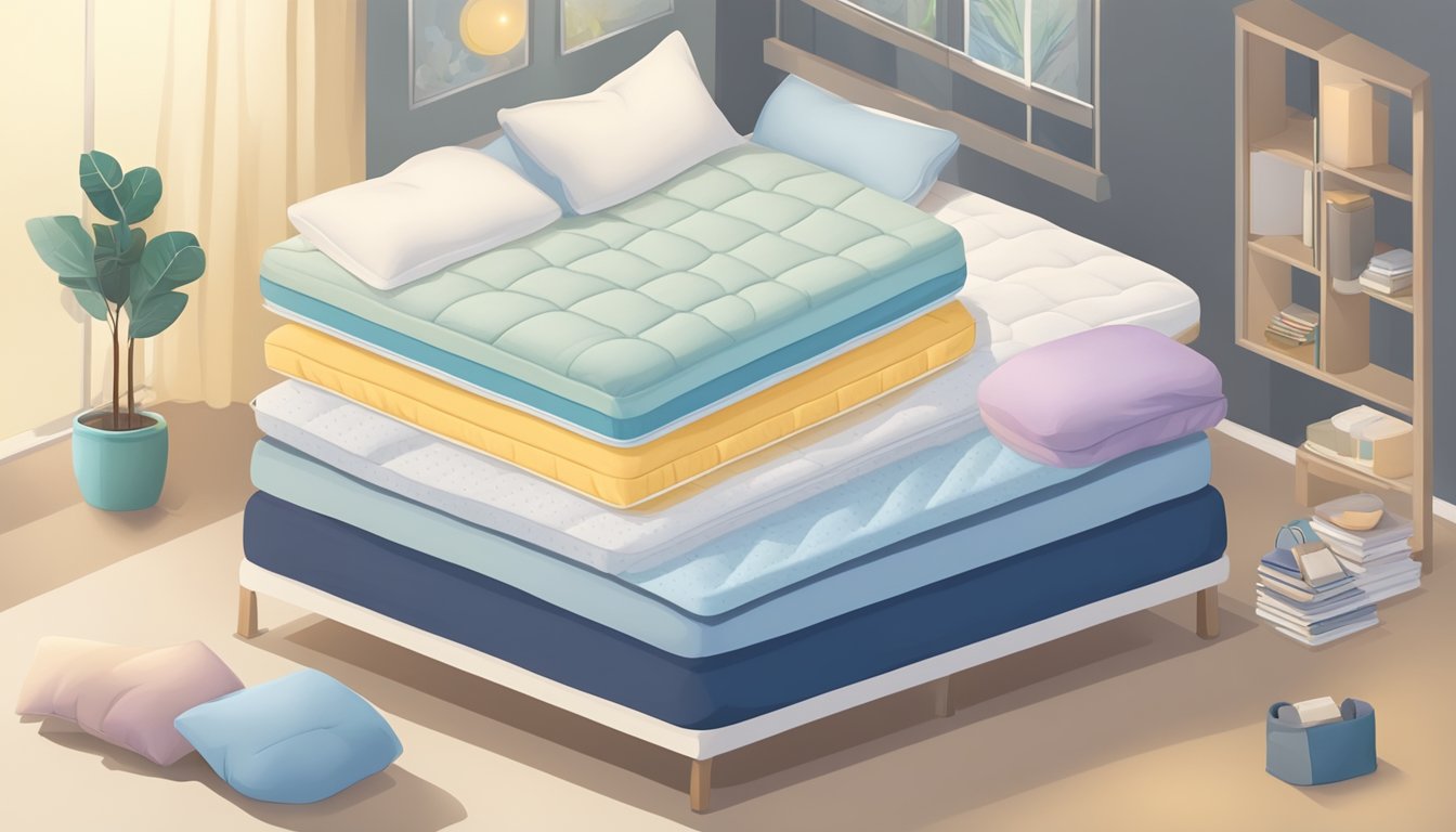 A mattress with various firmness levels, from soft to firm, surrounded by sleep-related objects like pillows and a clock