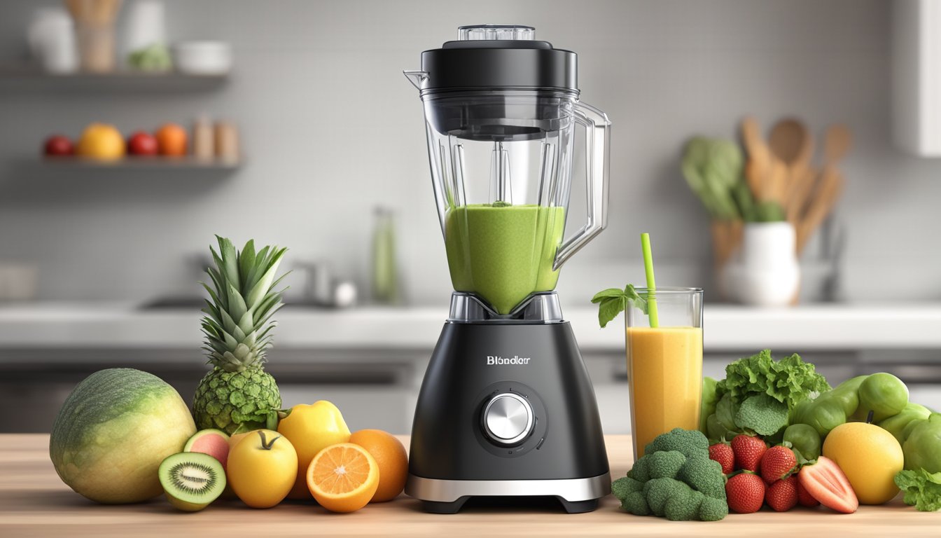 A sleek, modern blender sits on a kitchen countertop, surrounded by fresh fruits and vegetables. The blender is plugged in and ready to create a delicious and healthy smoothie