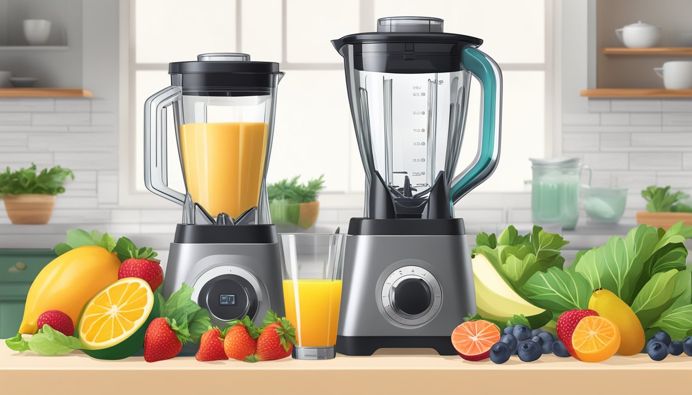 A sleek, modern kitchen counter with a top blender filled with fresh fruits, leafy greens, and a splash of liquid, ready to blend into a vibrant smoothie