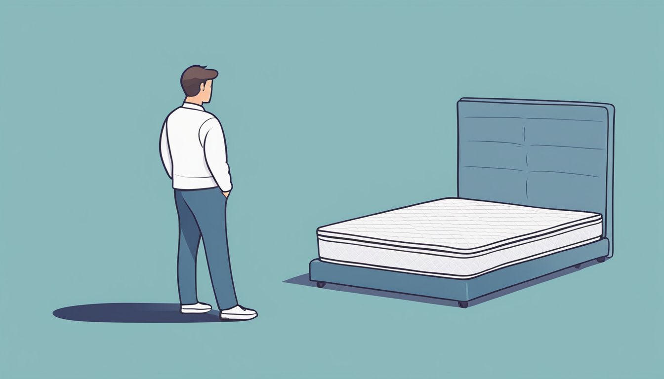 A person standing next to a mattress, with a thinking pose and a question mark above their head