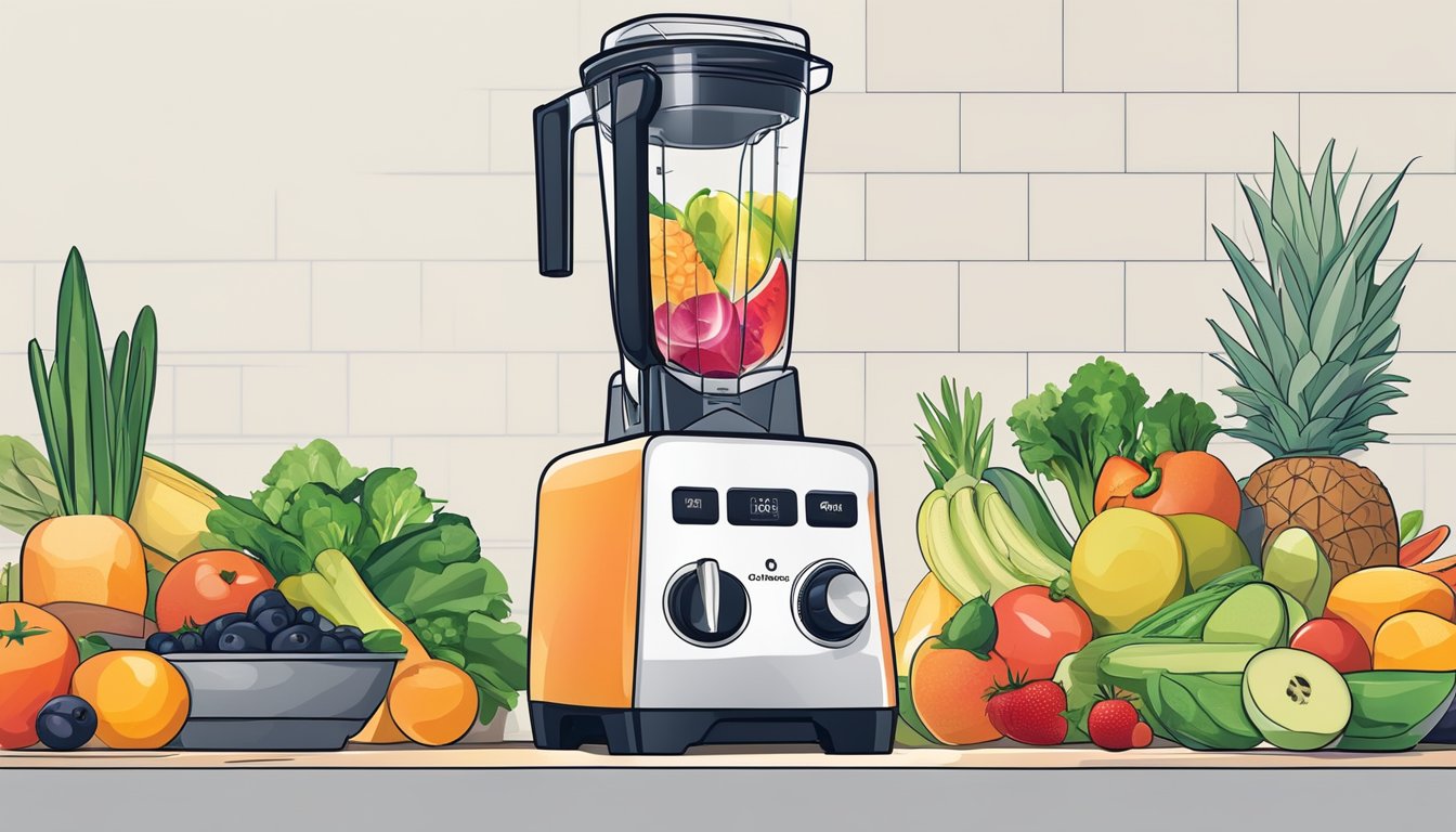 A hand reaches for a sleek, modern blender on a kitchen countertop, surrounded by fresh fruits and vegetables. The blender's powerful motor and stylish design are highlighted