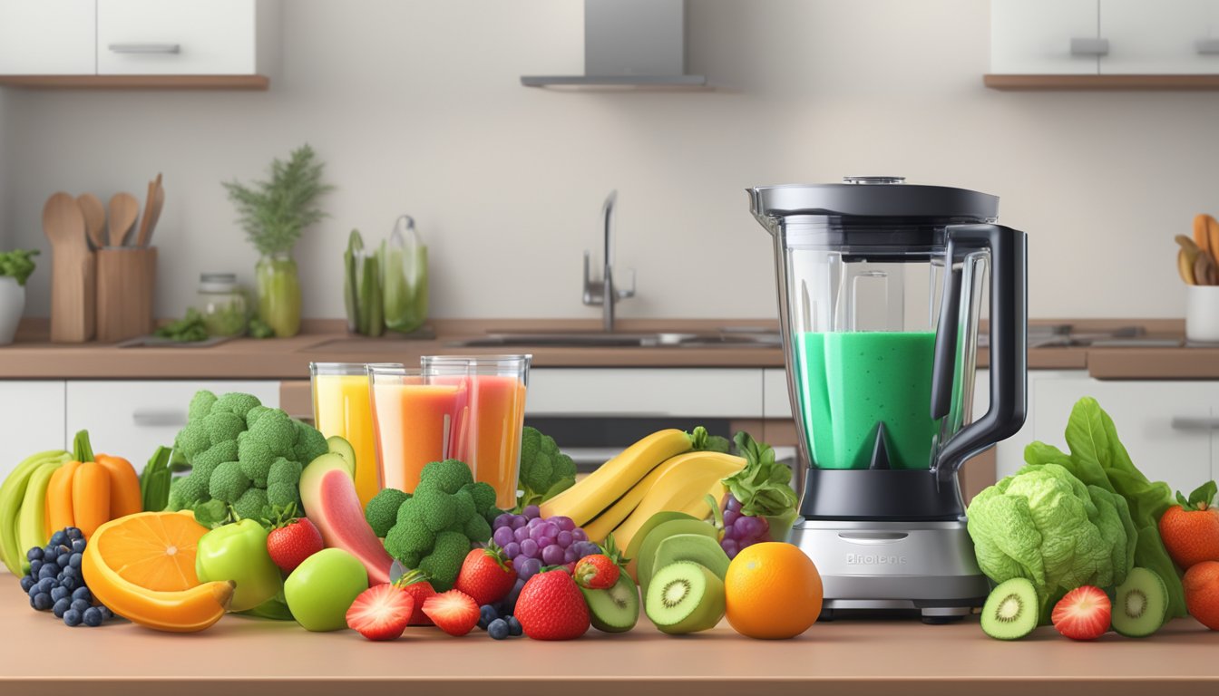 A sleek, modern blender sits on a kitchen counter, surrounded by fresh fruits and vegetables. A glass of vibrant, colorful smoothie is being poured from the blender