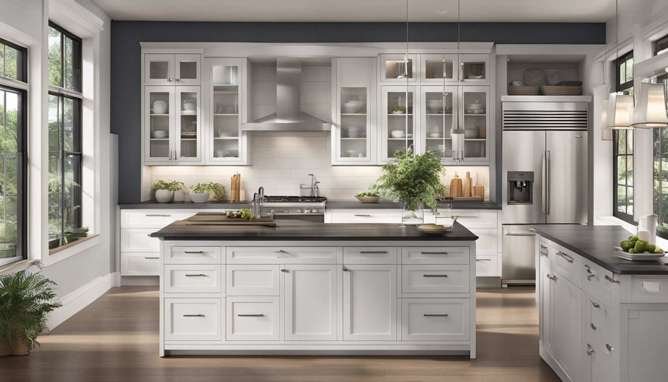 A modern kitchen with sleek, white display cabinets showcasing various styles and finishes. The cabinets are neatly organized with decorative hardware and integrated lighting, creating an inviting and functional space for potential buyers to explore