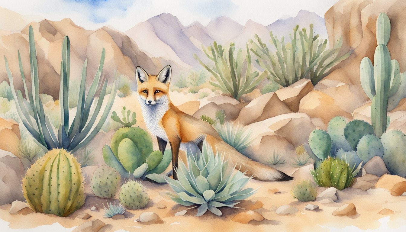 A desert fox camouflaged against sandy rocks, blending into its arid habitat.</p><p>Cacti and small animals dot the landscape, showcasing the diverse interactions and adaptations within the ecosystem