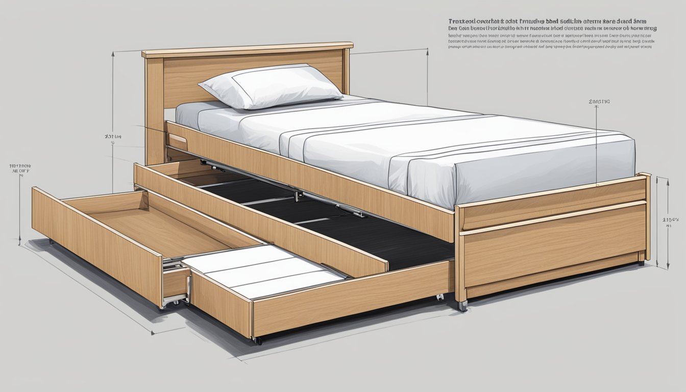 The trundle bed frame is being pulled out, revealing its design and features