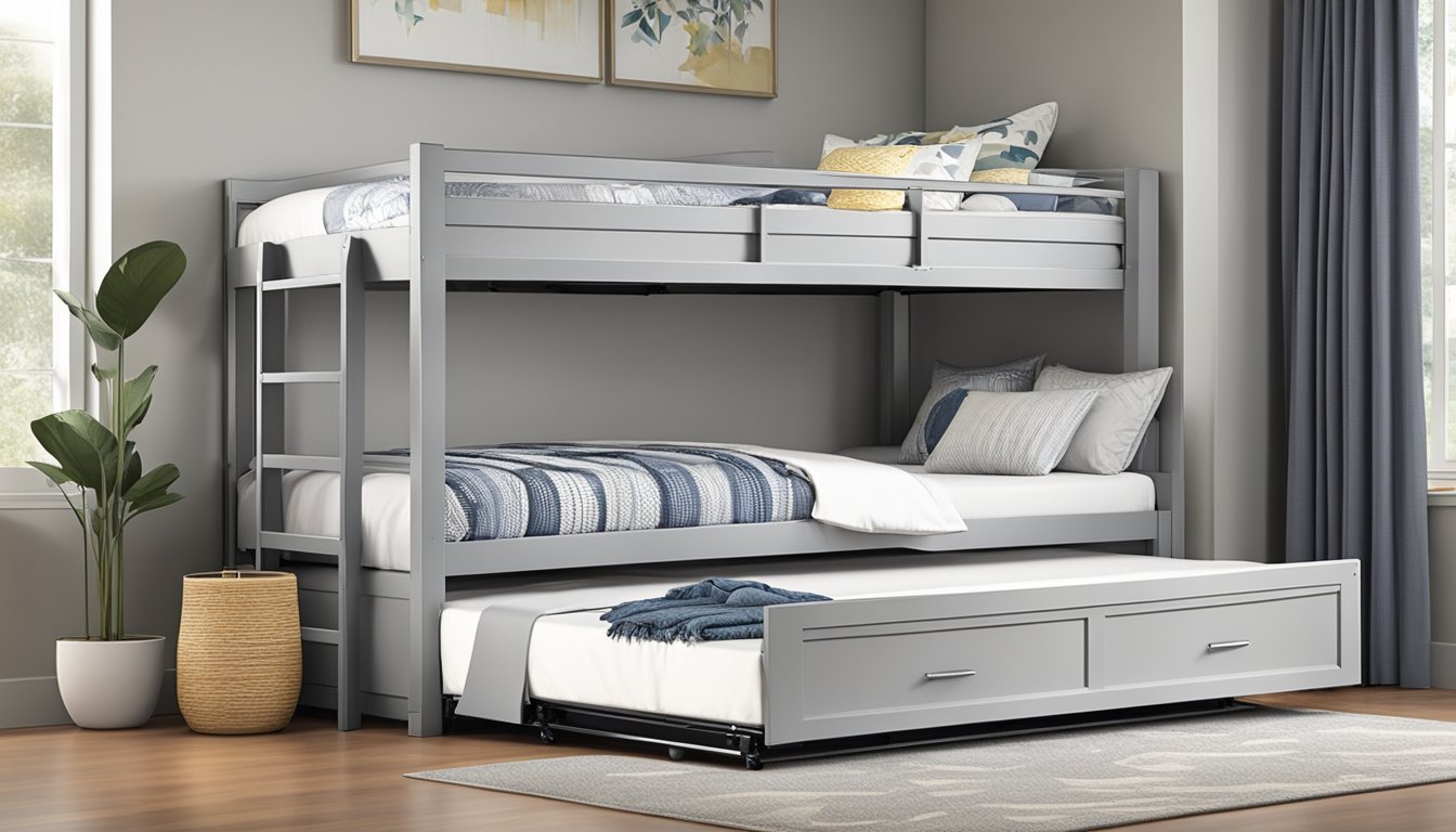 A hand pulls out a trundle bed frame from underneath a larger bed, revealing the hidden sleeping space. The frame is sturdy and smoothly glides out, ready for use