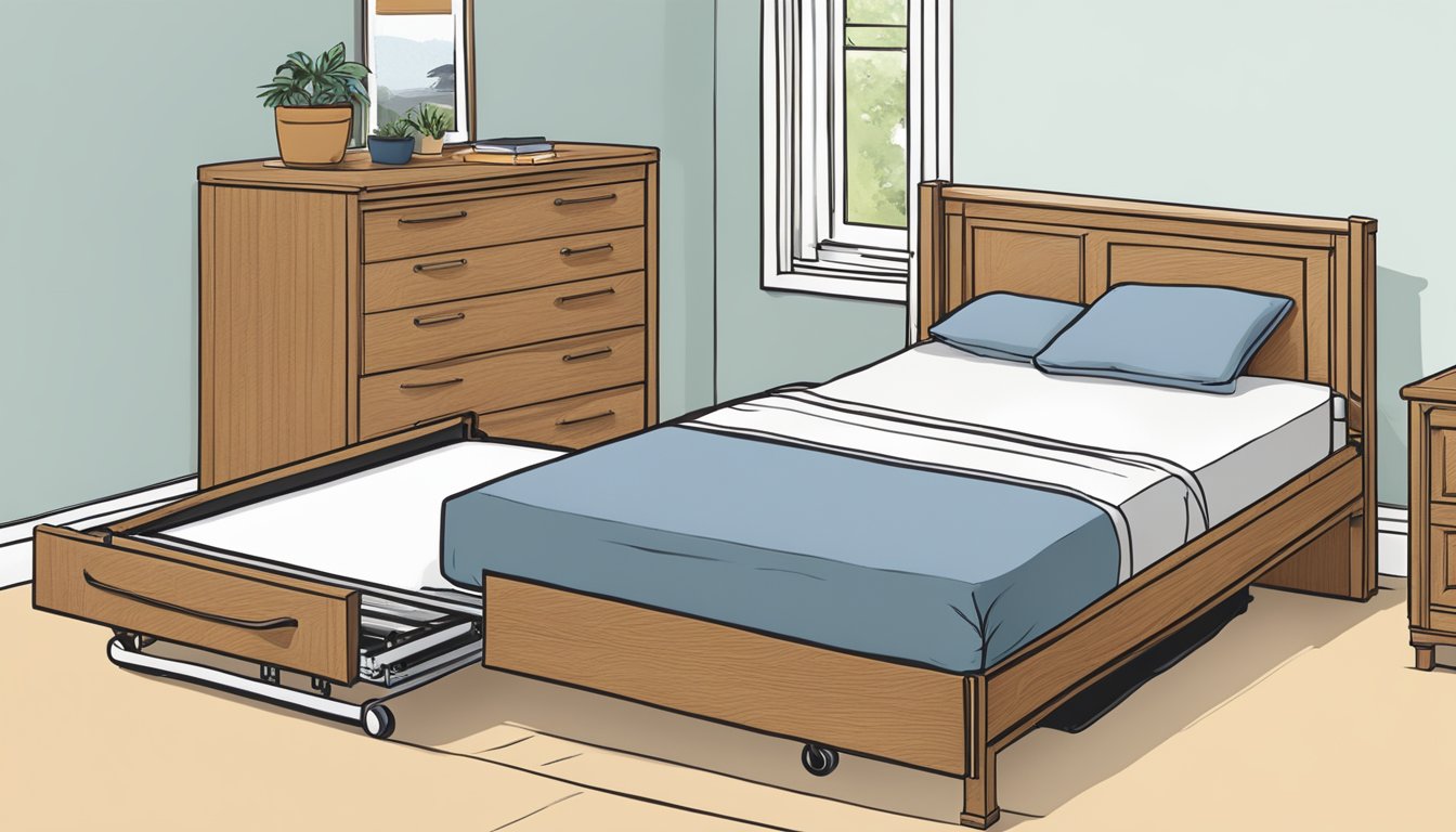 A hand pulls out a trundle bed frame from underneath a larger bed